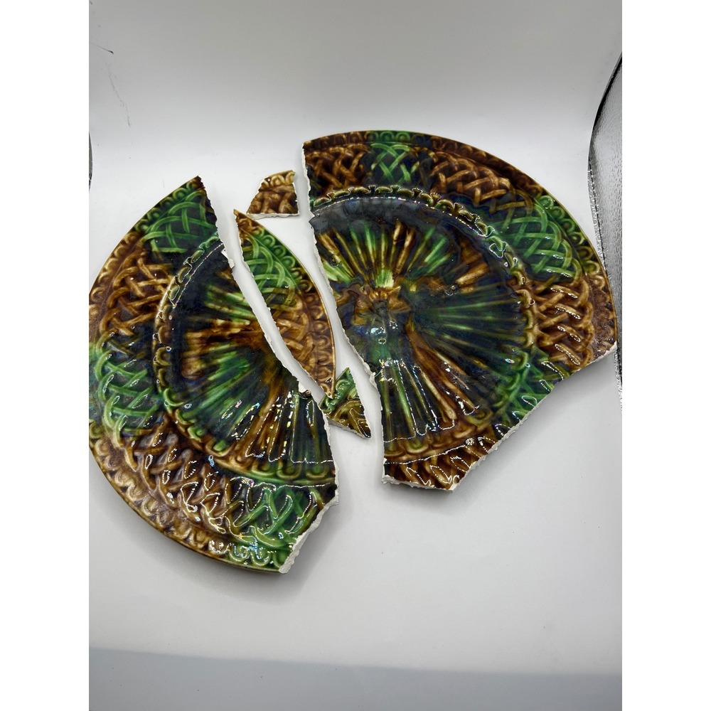 Antique Majolica Plate Green Brown Floral‎ Lotus W J B Alloa for making jewelry